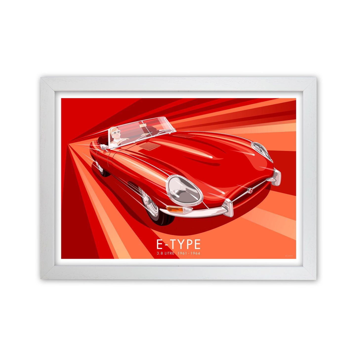 Jaguar E Type Art Print by Stephen Millership, Framed Transport Poster White Grain